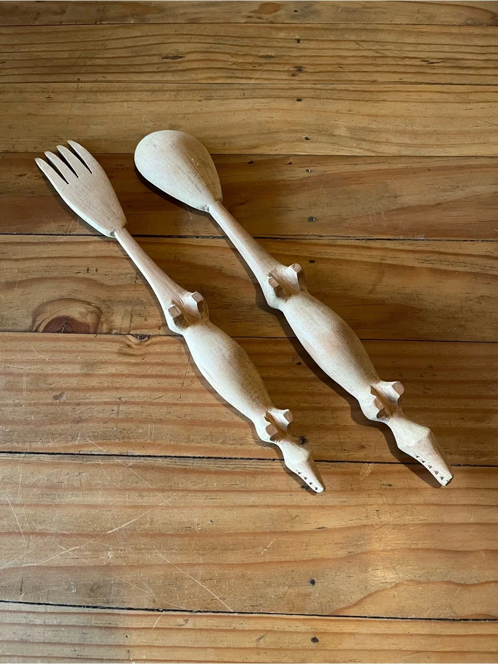 Vintage Hand-Carved Wood African Crocodile Salad Serving Utensil Set of 2
